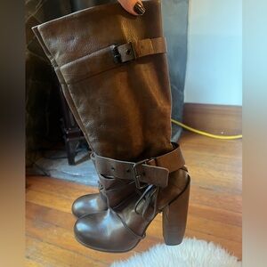 ELISANERO Italy Genuine Brown Leather Knee High Lace Up Stacked Heel Boots Rare